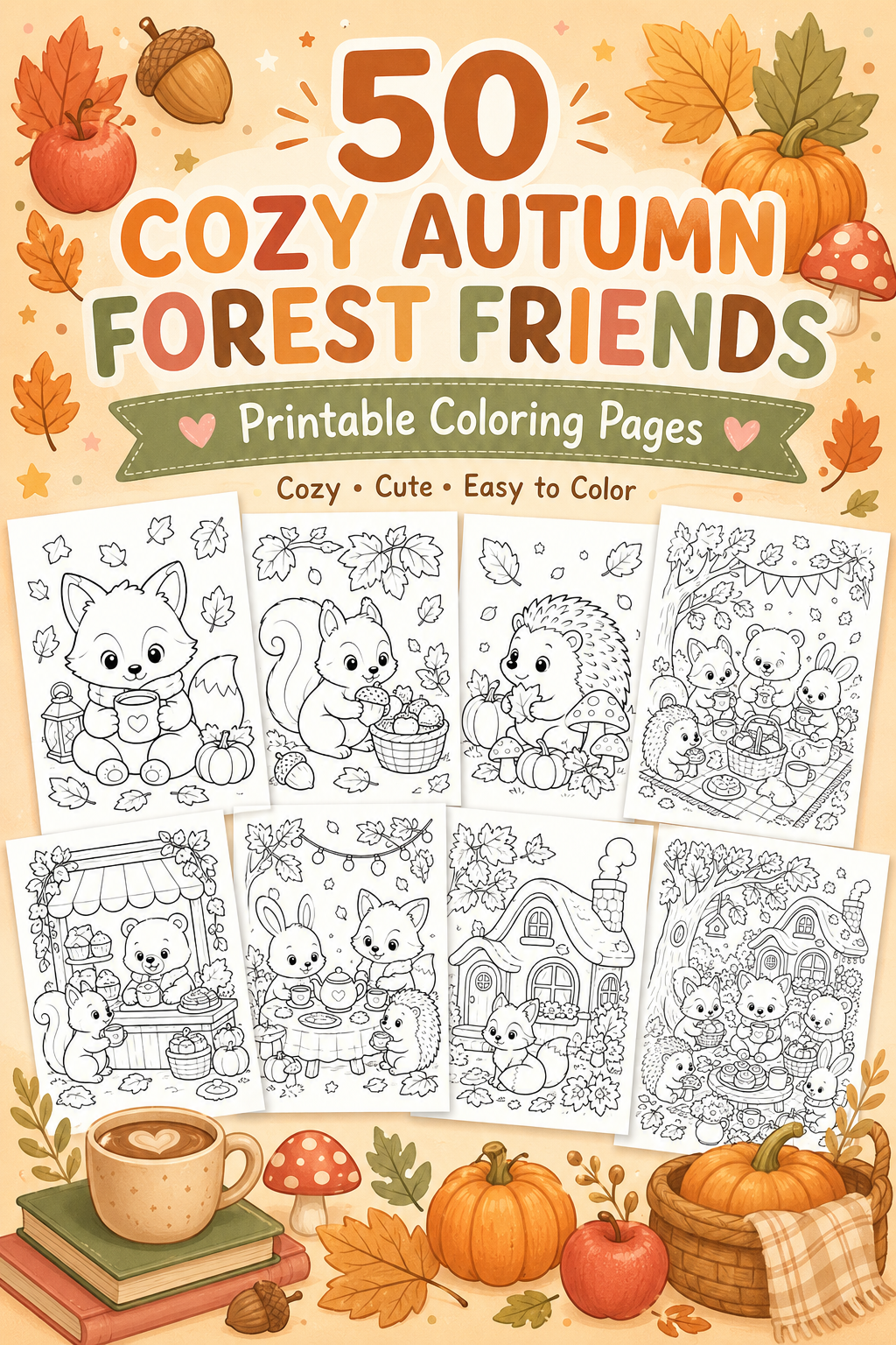 50 Cozy Autumn Forest Friends Coloring Pages – Cute & Easy Printable PDF