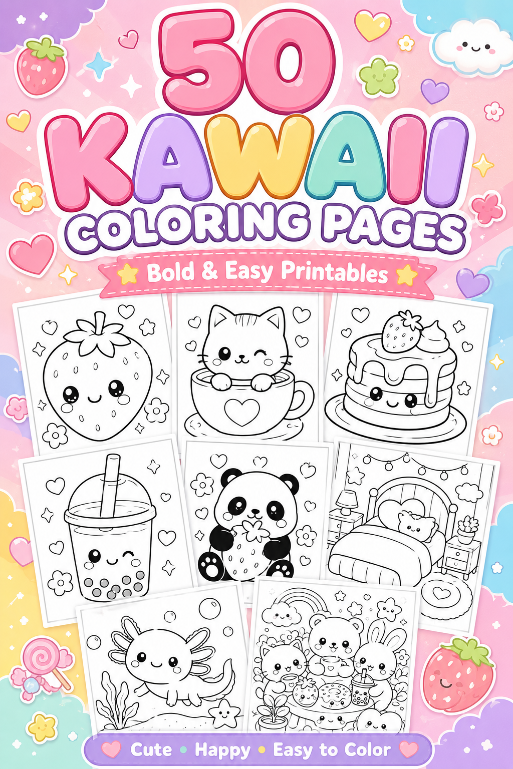 50 Kawaii Coloring Pages – Cute & Easy Printable PDF