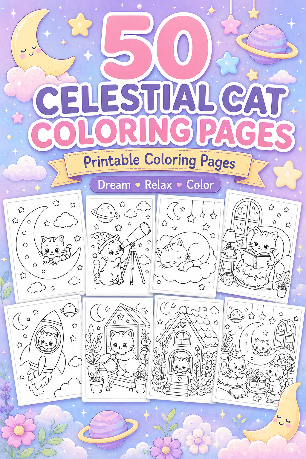 50 Celestial Cat Coloring Pages – Cute & Cozy Printable PDF
