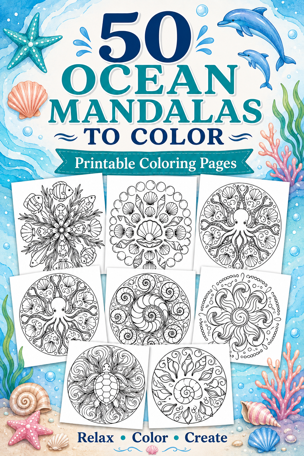 50 Ocean & Marine Life Mandalas – Printable Coloring Pages PDF