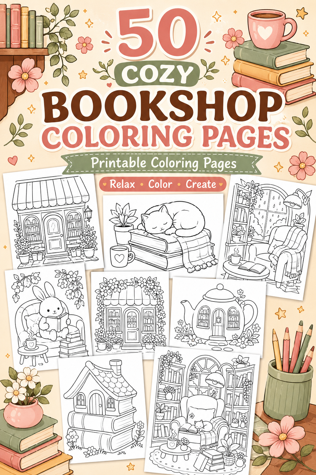50 Cozy Bookshop Coloring Pages – Printable PDF