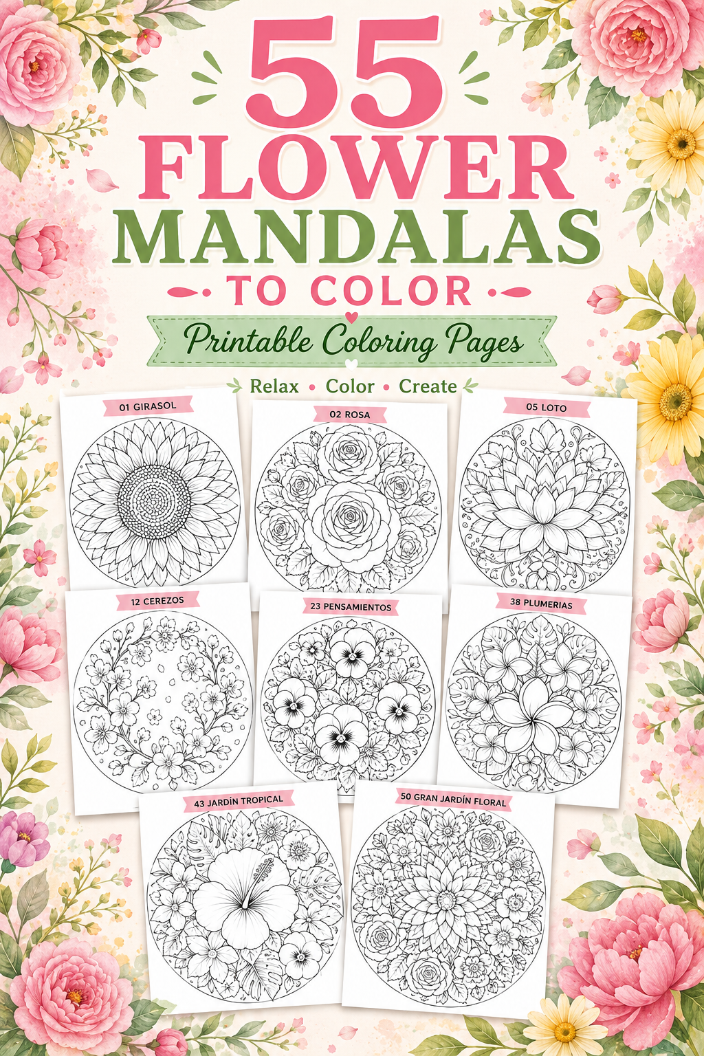 55 Floral Mandalas – Printable Coloring Pages PDF